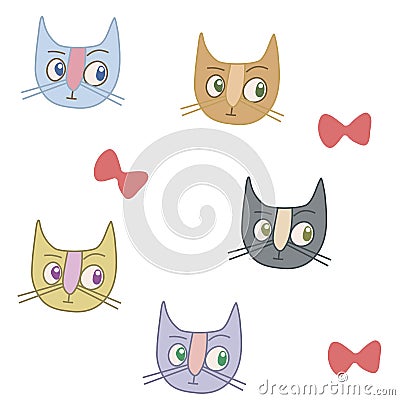 Multicolored cats and red bows on a white background seamless pa Vector Illustration