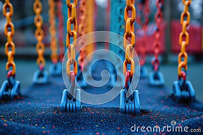 multicolored chains hanging from a playful swing set in a modern playground with a shallow depth of field copyspace concept of Stock Photo