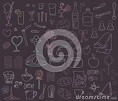 Multicolored chalk drawings on a blackboard food, dishes, desserts isolated on white background set Vector Illustration