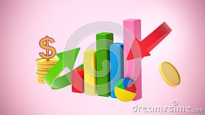 Multicolored chart columns surrounded by red and green arrows, stylized coins and dollar symbol on a pink background 3D rendering Stock Photo