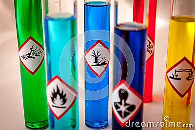 Multicolored Chemistry vials - Focus on hazardous to the environment danger Stock Photo