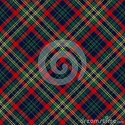 Multicolored Christmas tartan plaid pattern in red, green, blue, yellow. Seamless dark herringbone textured check plaid. Vector Illustration