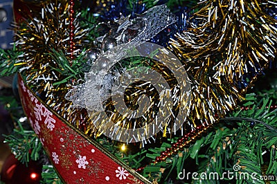 Christmas tree jewelry on green fir Stock Photo