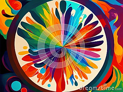 A multicolored circle. Abstract colorful painting of disk, rays and arches of radiating color to represent source of platonic Stock Photo