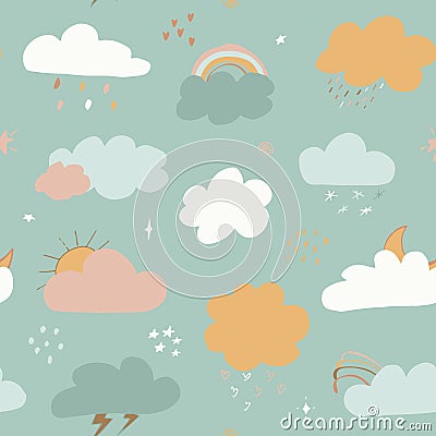 multicolored clouds stars sequins seamless pattern. Cute clouds seamless pattern, cartoon background with star dots Vector Illustration