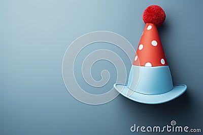 Multicolored clown hat on a blue background with space for text. April Fool's Day. Generated by artificial Stock Photo