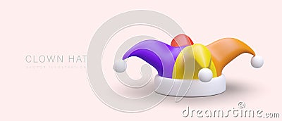 Multicolored clown hat. 3D headdress with bells. Clothes for animator, entertainment, children party Vector Illustration