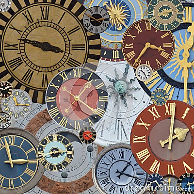 Multicolored collection of ancient church tower clocks on a pile Stock Photo