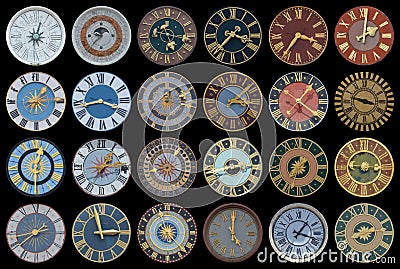 Multicolored collection of ancient church tower clocks on a pile Stock Photo