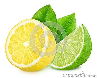 Multicolored composition with slices of sour citrus fruits - lime and lemon isolated on a white background. Stock Photo