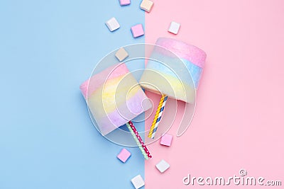 Multicolored Cotton candy. Pastel marshmallows. Minimal style. Pastel background Stock Photo