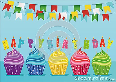 Multicolored cupcakes with letters and words on the birthday candles Stock Photo