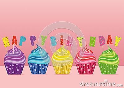 Multicolored cupcakes with letters and words happy birthday. Greeting card or invitation. Vector. Free space for text or Stock Photo