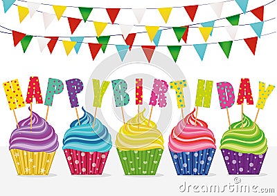 Multicolored cupcakes with letters and words happy birthday. Stock Photo