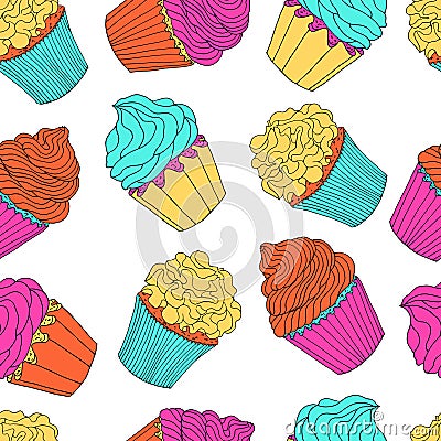 Multicolored cupcakes seamless pattern isolated on transparent background Vector Illustration