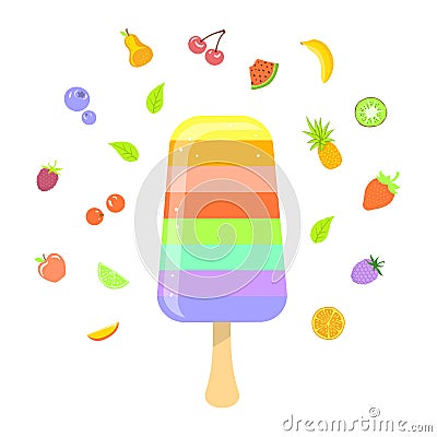 Multicolored cute fruity ice cream with different fruits and berries Vector Illustration