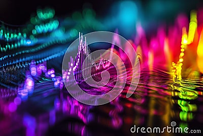 multicolored 3D surround sound waves on a dark background. Abstract swirl striped wave Green Purple Pink Magic neon Stock Photo