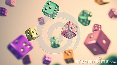 Multicolored Dice in Mid-Toss Action Ideal for Game Graphics or Entertainment Themes Stock Photo