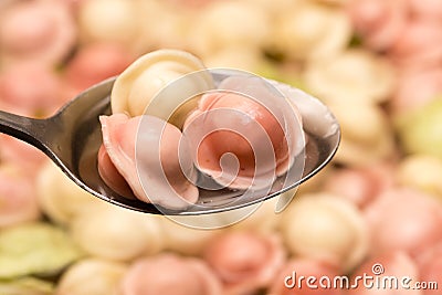 Multicolored dumplings are cooked in the kitchen Stock Photo