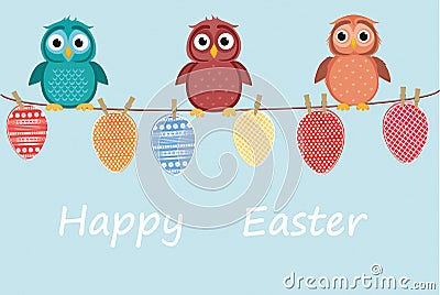 Multicolored Easter eggs made of paper hanging on a rope. Cute owls sitting. Vector. Stock Photo