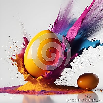 1 multicolored egg falls into a pile of paint . Stock Photo