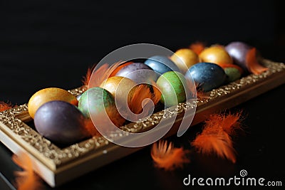 Multicolored eggs painted for Easter lie on a golden tray Stock Photo