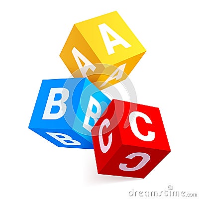 Multicolored falling alphabet cubes with letters A,B,C realistic vector childish educative game toy Vector Illustration
