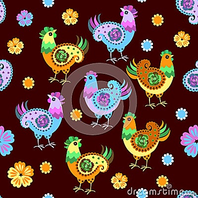 Multicolored fancy colored chickens with paisley-shaped wings and funny flowers on a dark brown background Vector Illustration