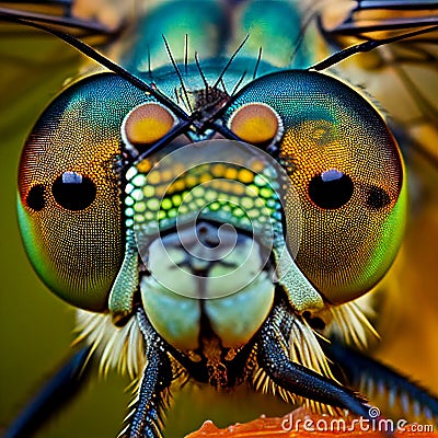 Multicolored fantastic eye blue dragonfly closeup macro, facet vision of insects Stock Photo