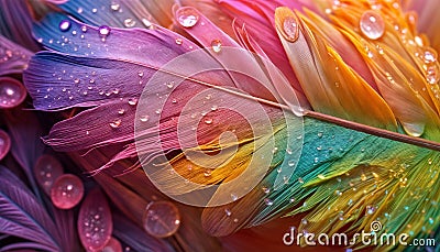 Multicolored feathers texture. Colorful feathers background. Bird feathers view from above Stock Photo