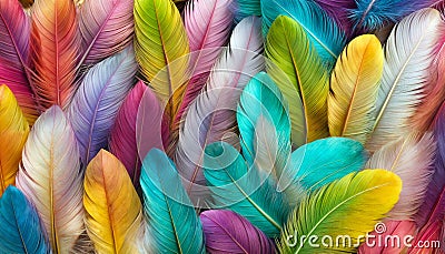 Multicolored feathers texture. Colorful soft feathers background. Bird feathers view from above Stock Photo