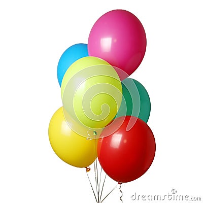 Multicolored festive helium balloons on a white background, happiness and fun Stock Photo