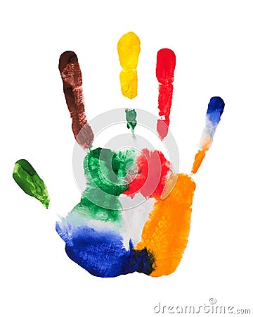 Multicolored fingers of the right hand, photo on white background. The palm print gouache in bright colors Stock Photo