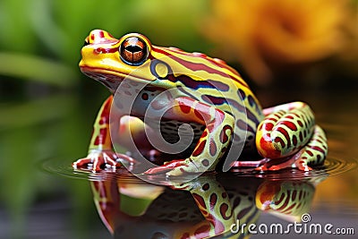 a multicolored frog resting on a lily pad in a clear pond Stock Photo