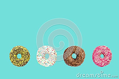 Multicolored frosted donuts with colorful sprinkles and hazels on blue background Stock Photo