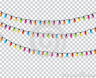 Multicolored Garland Lamp Bulbs Festive Isolated on Transparent Background Vector Illustration Vector Illustration