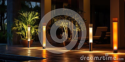 Multicolored glass pillars with light sources , accent lighting of the street near the hotel Stock Photo