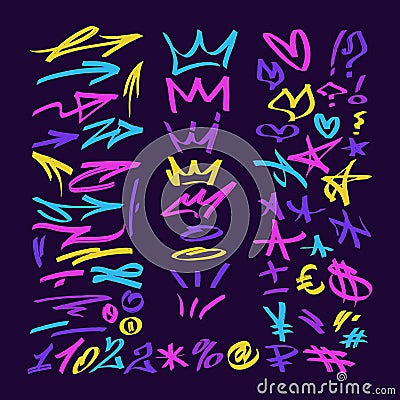 multicolored graffiti elements set marker,arrows,crown,heart and stars, bright colored Vector illustration Vector Illustration