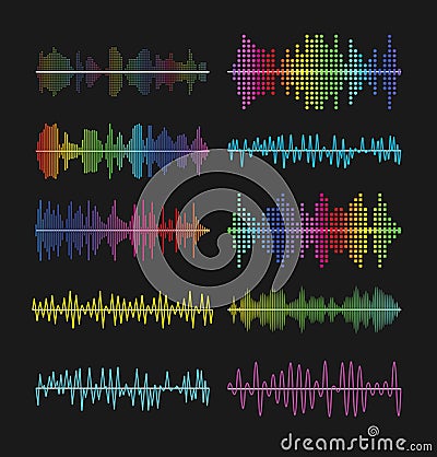 Multicolored graphic equalizer waves, soundtrack waveforms vector illustration. Music volume wave amplifier symbols Vector Illustration