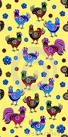 Multicolored hens and cockerels, flowers and paisley on a light yellow background. Seamless pattern Vector Illustration