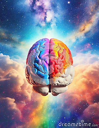 Multicolored human brain over cosmic sky background. Mind blowing science, human creative intellect concept Stock Photo