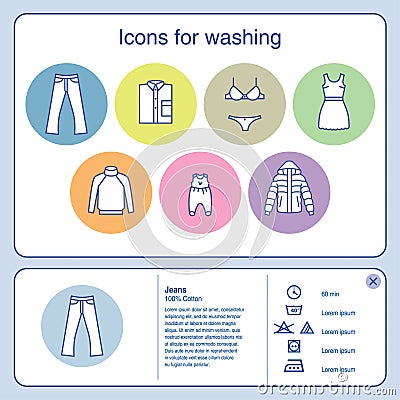 Multicolored icons and symbols of washing on a light background. Vector Illustration