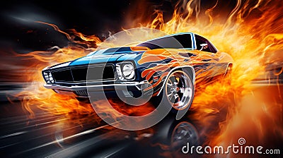 Multicolored illustrative drawing of a muscle car. V8 engine with rear wheel drive. Combination of sportiness and strength. Stock Photo