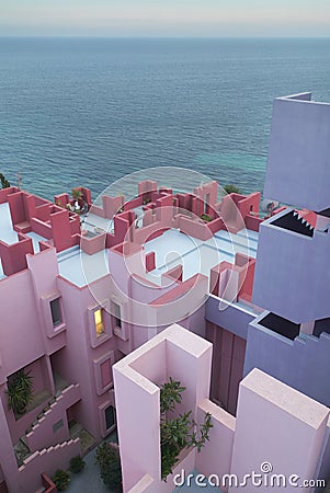 Multicolored labyrinth apartment and Mediterranean sea in Spain Stock Photo
