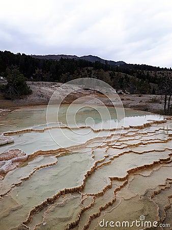 Multicolored limestone deposits in Mammoth Hot Springs in Yellowstone park Stock Photo