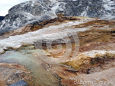 Multicolored limestone deposits in Mammoth Hot Springs in Yellowstone park Stock Photo