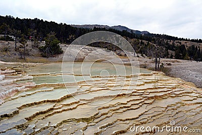 Multicolored limestone deposits in Mammoth Hot Springs in Yellowstone park Stock Photo