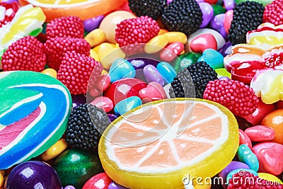 Multicolored lollipops, candy and chewing gum Stock Photo