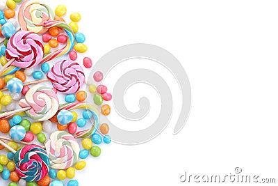 Multicolored lollipops and round candies on a white background. Isolated. Stock Photo