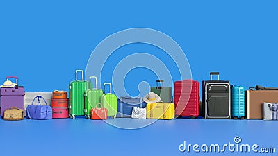 Multicolored luggage in a line on blue background. Travel colorful tourism idea Stock Photo